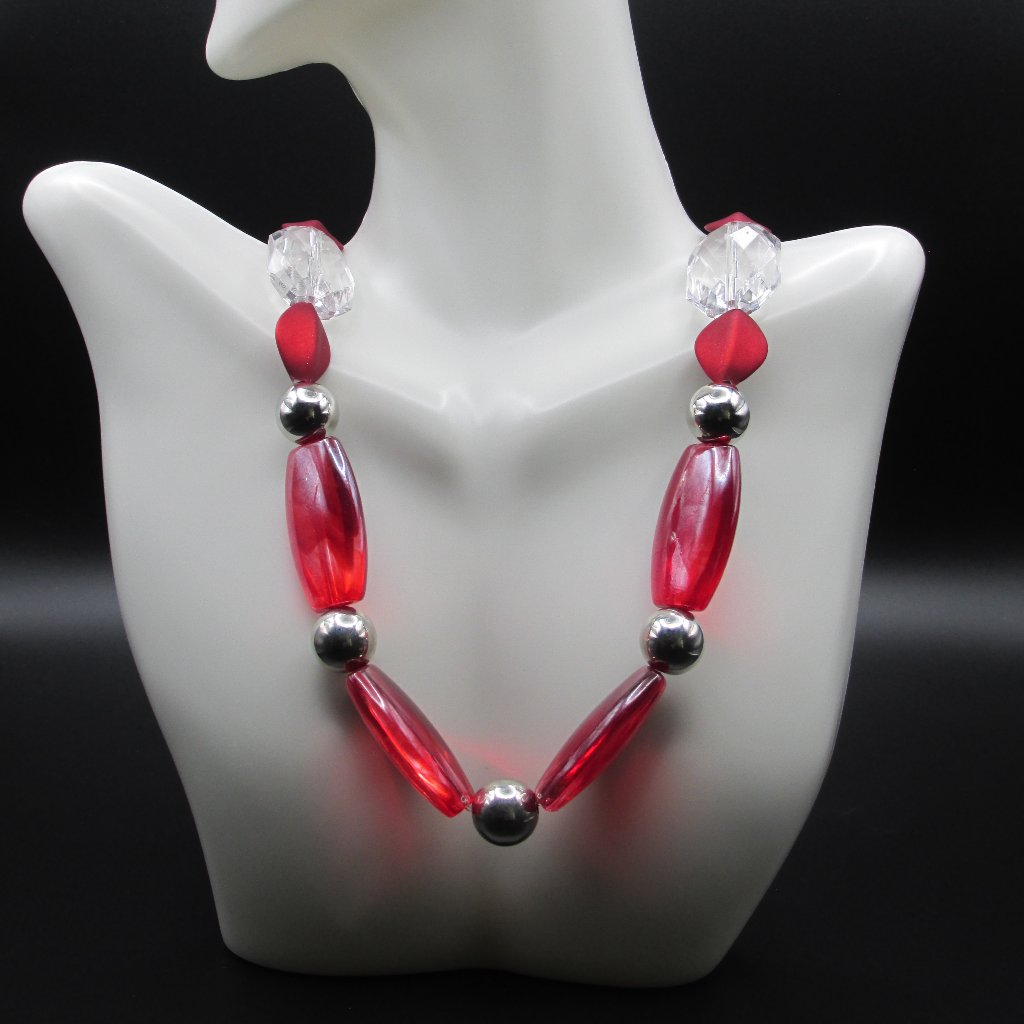 Nwt Handmade Red/Clear/Silver Acrylic Beaded Stretchy Bold Fashion Necklace